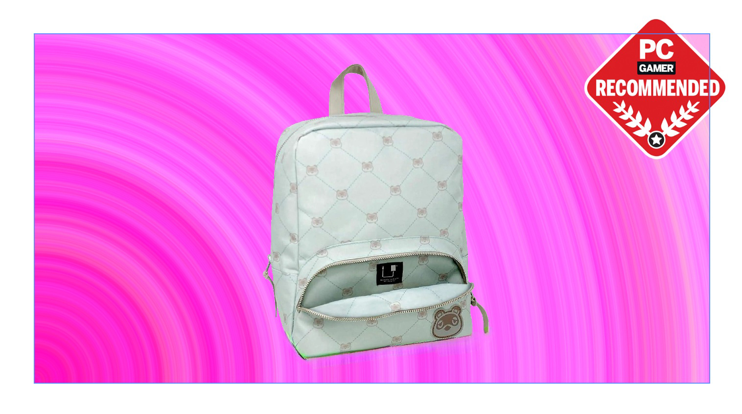 An Animal Crossing-themed backpack over a pink background