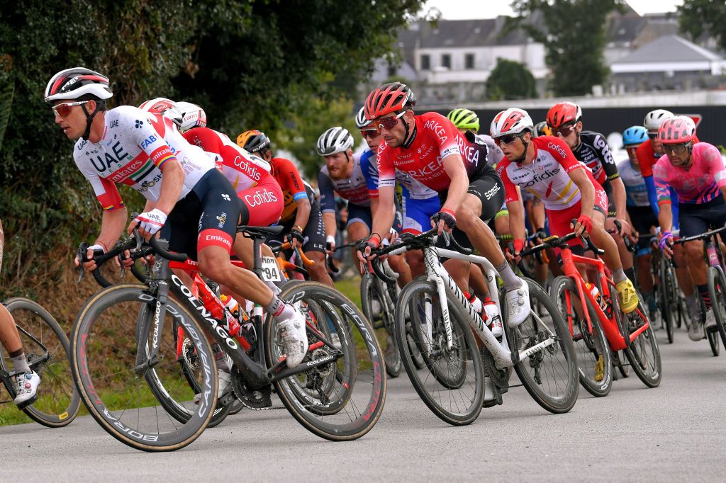 PLOUAY FRANCE AUGUST 25 Sergio Henao Montoya of Colombia and UAE Team Emirates Anthony Delaplace of France and Team Arkea Samsic during the 84th Bretagne Classic OuestFrance 2020 a 2478km race from Plouay to Plouay GrandPrixPlouay GPPlouay on August 25 2020 in Plouay France Photo by Luc ClaessenGetty Images
