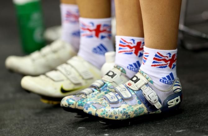 Britain's Laura Trott's cycling shoes