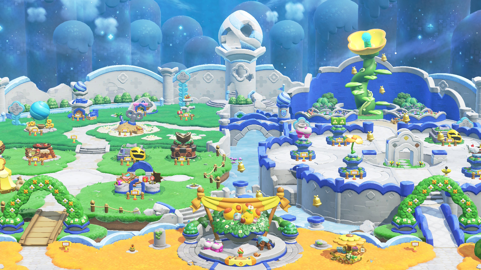 A screenshot showing the an overhead view of the new Bellabel Park area in Super Mario Bros. Wonder Nintendo Switch 2 Edition