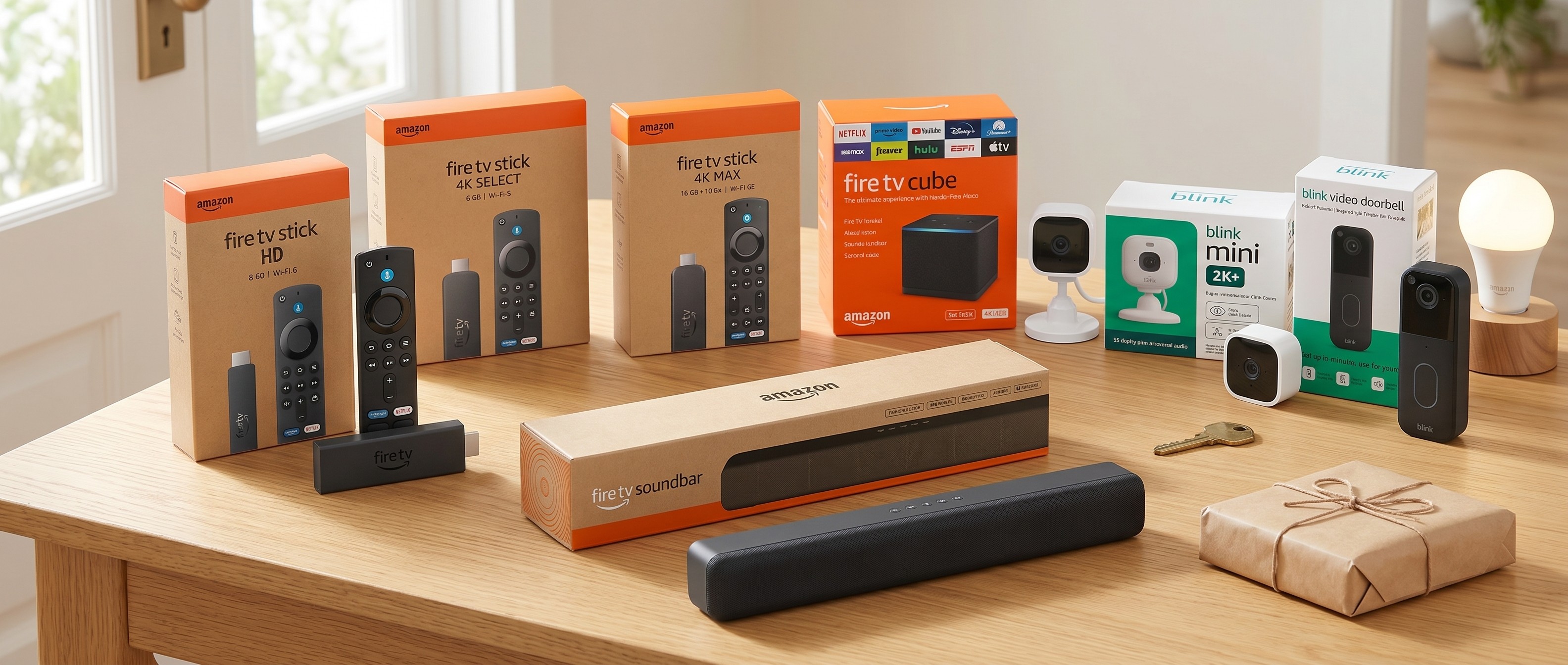 Various Amazon Devices including Fire TV Sticks, Blink cameras and video doorbells arranged on a wooden table