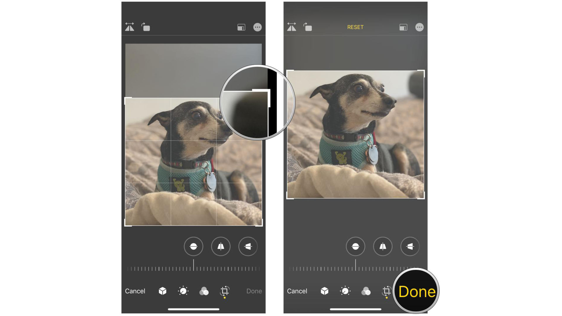 How to manually crop a photo in Photos on iPhone and iPad by showing steps: Once you are satisfied with your crop, tap Done