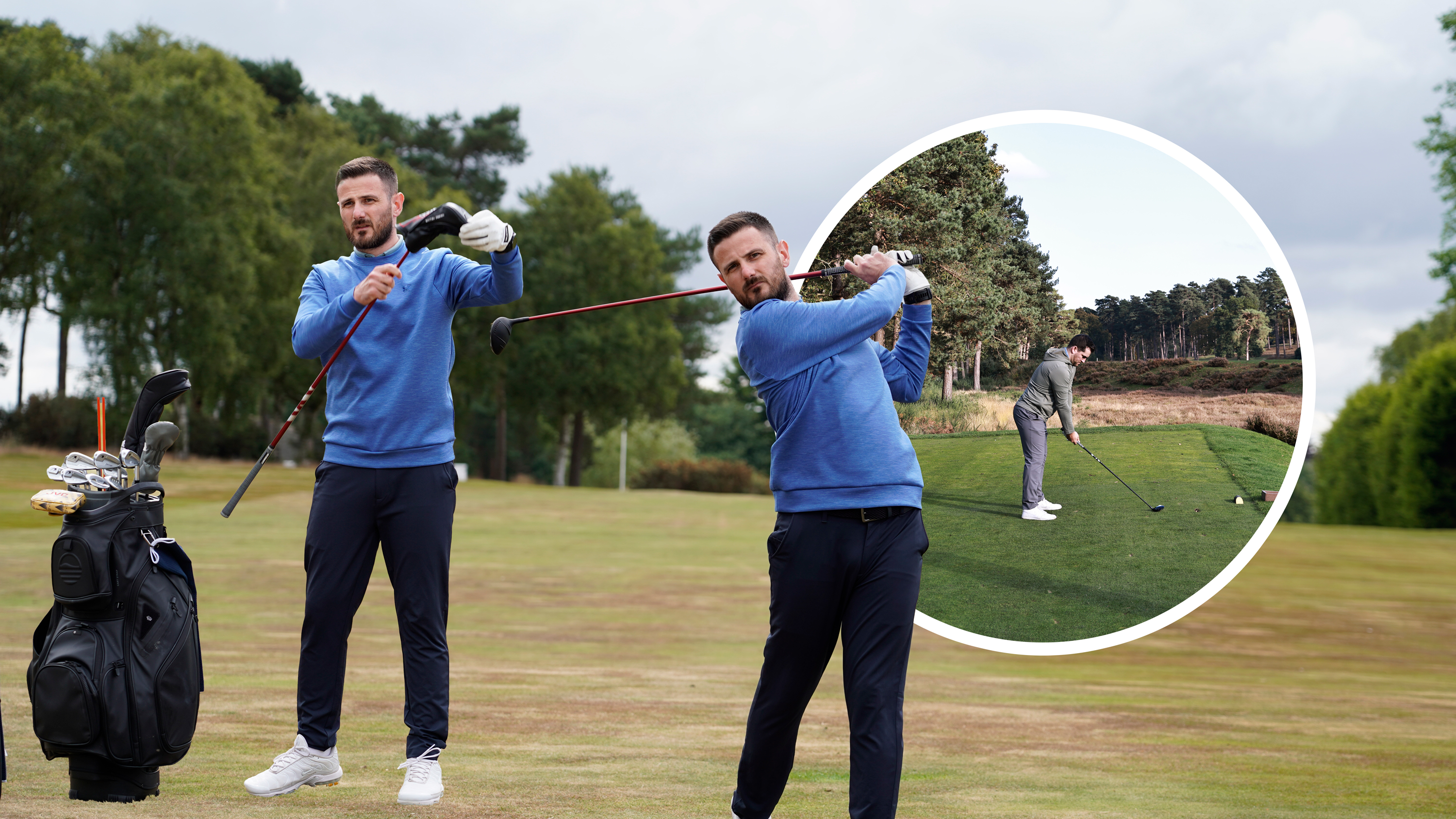 Barry Plummer pulling the head cover off his 3-wood after choosing to hit it off the tee, then Barry Plummer in the finish position after hitting 3-wood and an inset image of Sam De&#039;Ath hitting 3-wood off the tee