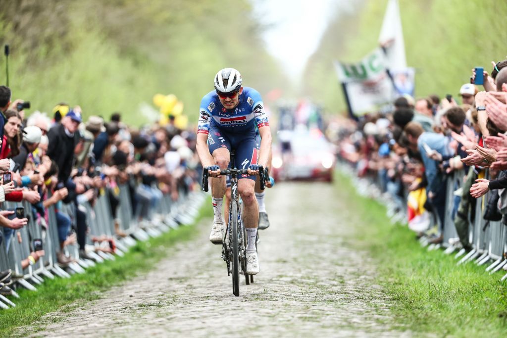Danish Kasper Asgreen of Soudal Quick-Step pictured in action during the men's elite race of the 'Paris-Roubaix' cycling event, 260,0km from Compiegne to Roubaix, France on Sunday 07 April 2024. BELGA PHOTO DAVID PINTENS (Photo by DAVID PINTENS / BELGA MAG / Belga via AFP)