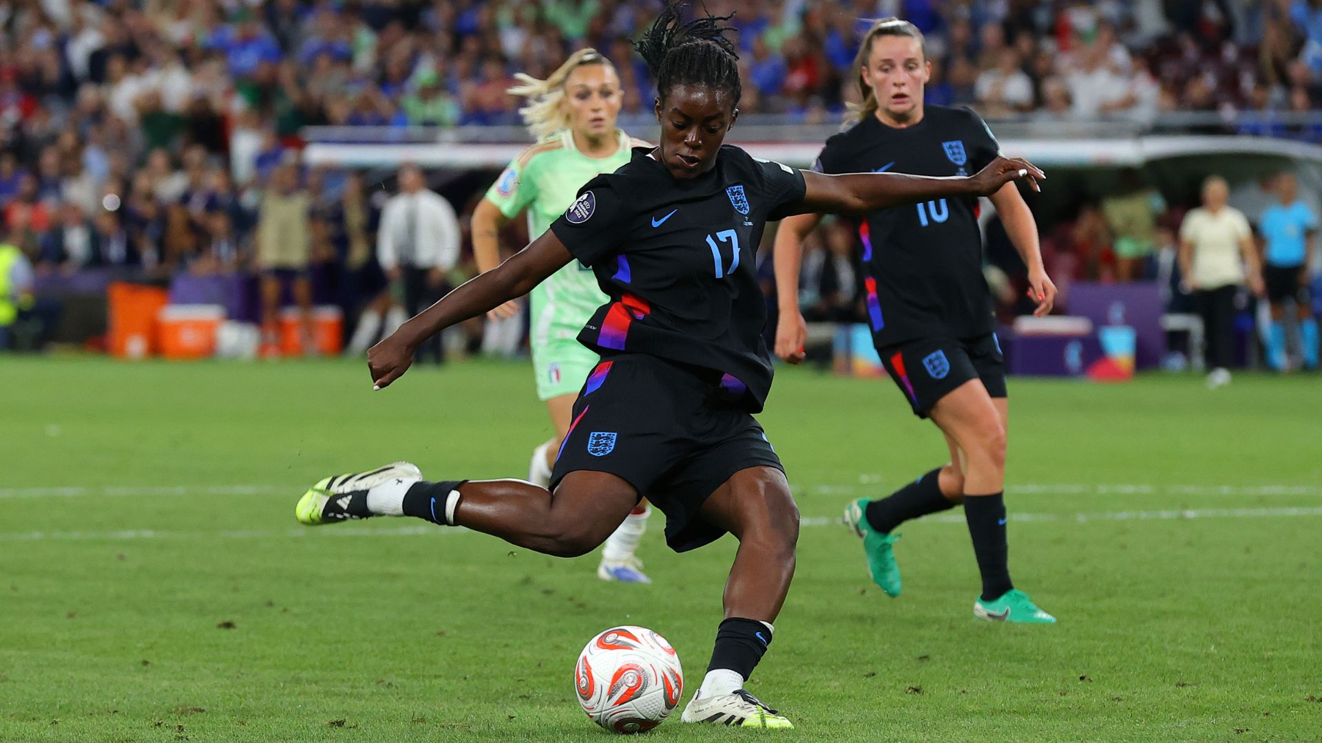 Michelle Agyemang of England scores their first goal during the UEFA Women's EURO 2025 Semi-Final match between England and Italy at Stade de Geneve on July 22, 2025 in Geneva, Switzerland