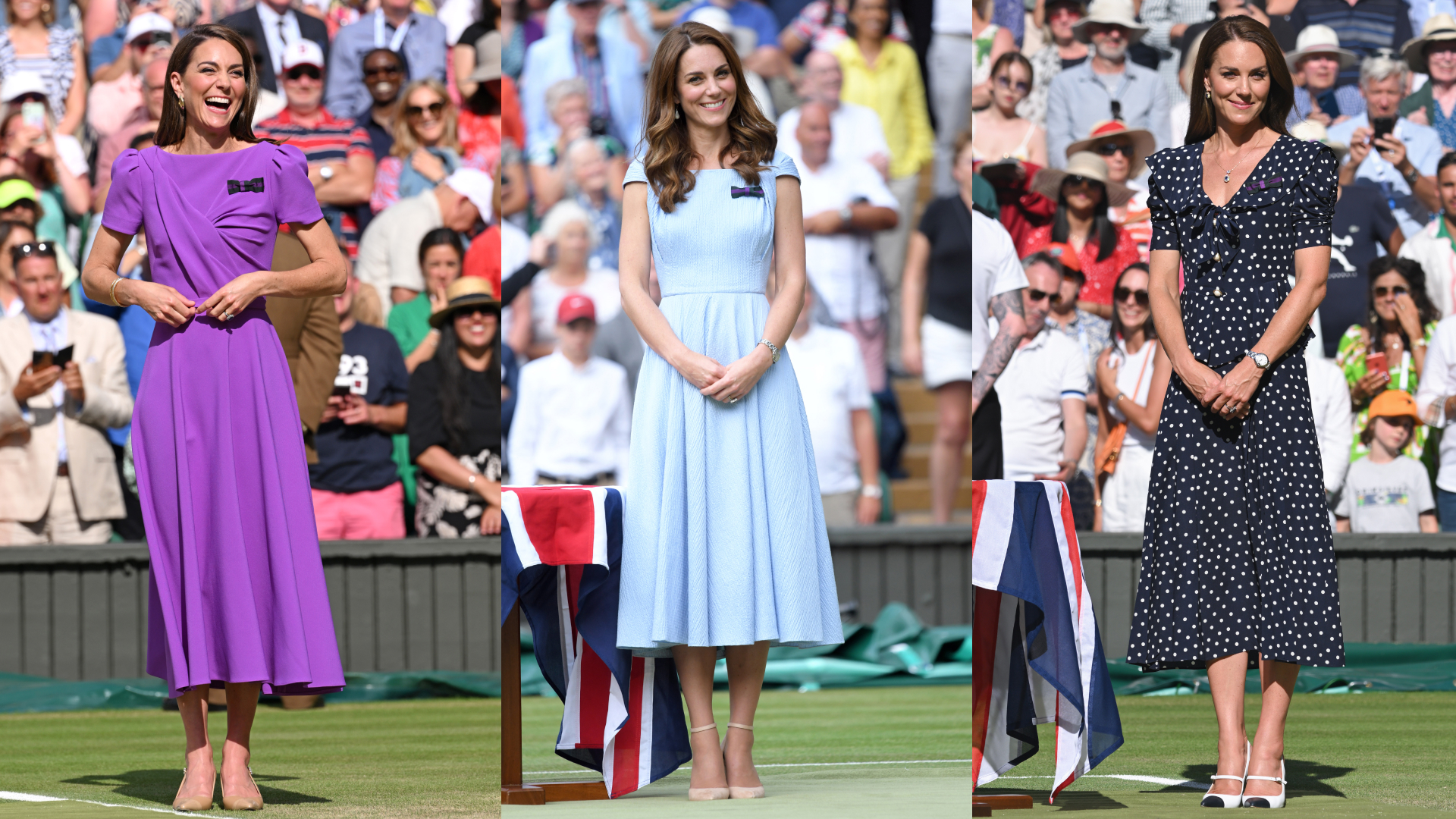 The Princess of Wales wearing a purple, blue and polka dot dress at Wimbledon