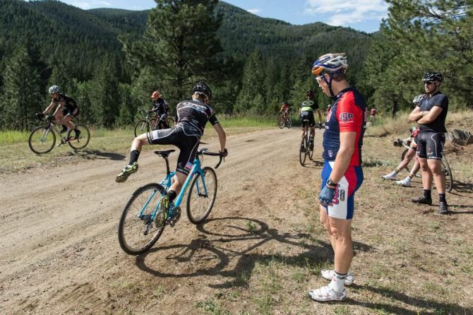 The campers working on dismounts and remounts under the watchful eye of the coaches.