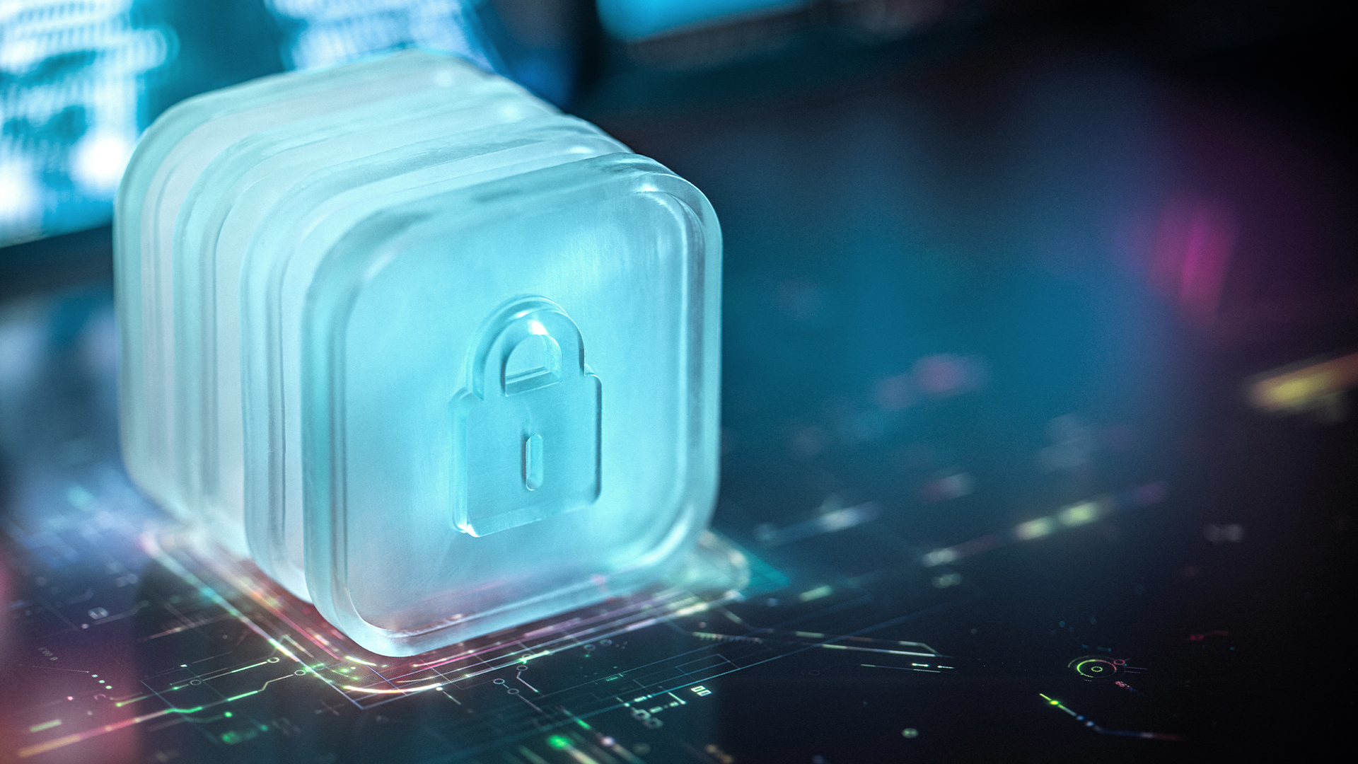 Ransomware concept image showing a digitized padlock symbol placed on top of a digital interface, symbolizing locked files. 
