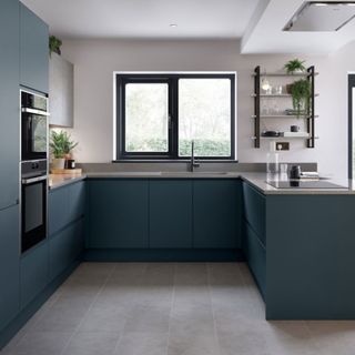 kitchen with blue cabinet and white walls with wooden flooring microwave and otted plants