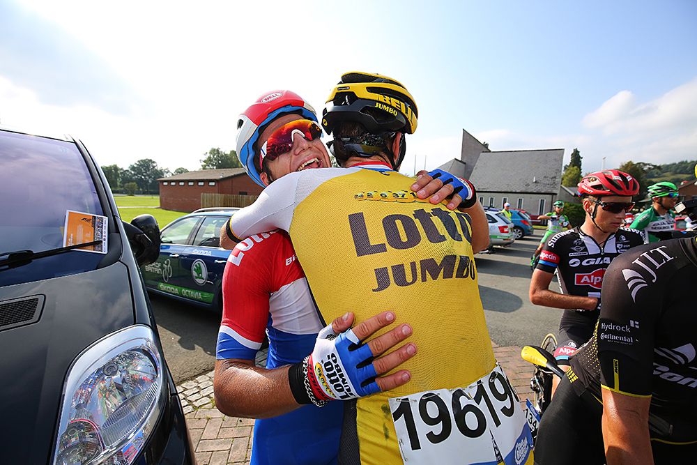 Hugs for Dylan Groenewegen (LottoNL-Jumbo) at the stage 4 finish line at Tour of Britain