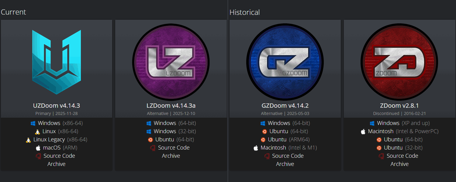 لقطة شاشة لصفحة تنزيل موقع ZDoom، تظهر GZDoom كنسخة 