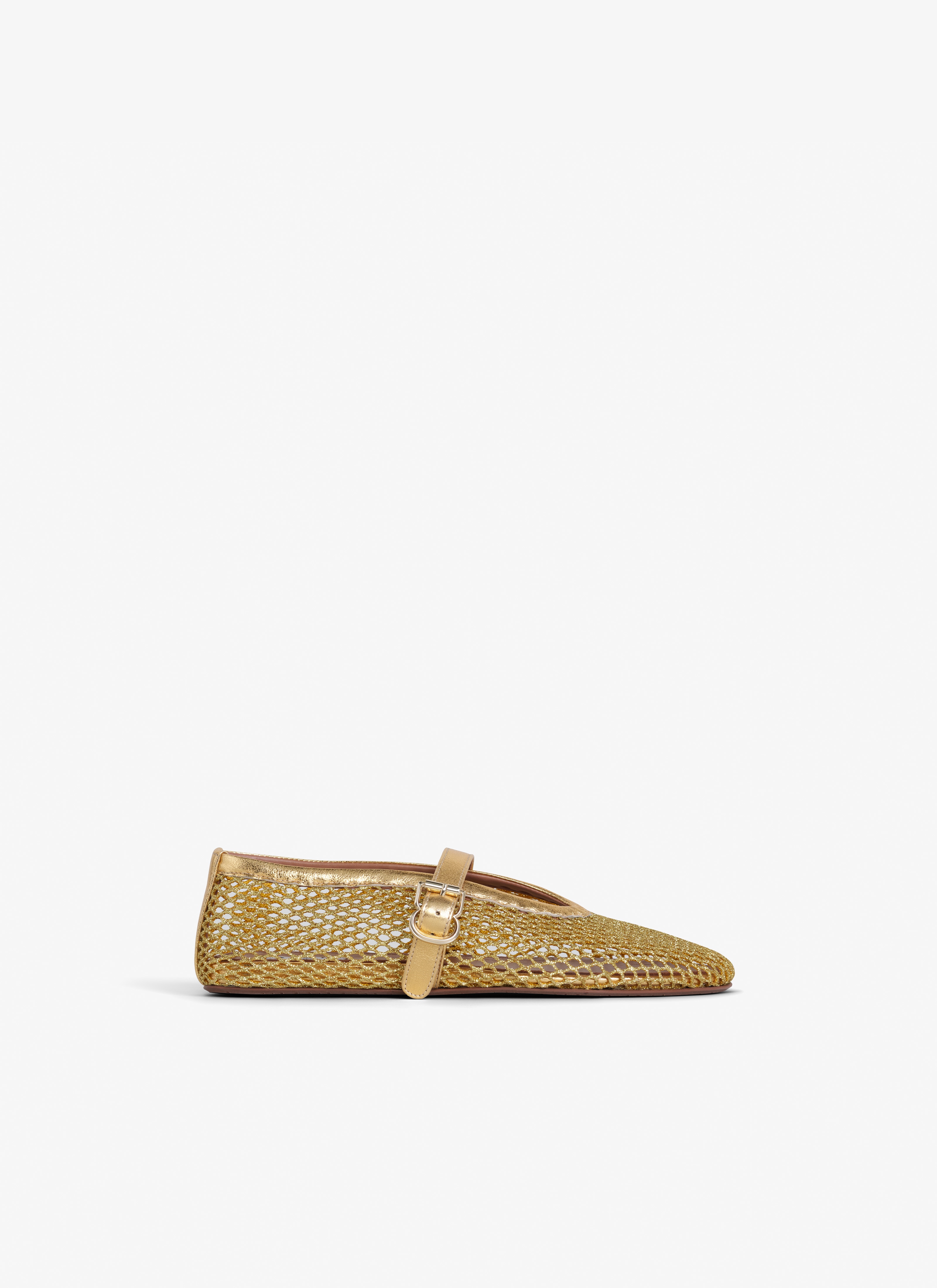 Gold Ballet Flats in Laminated Fishnet