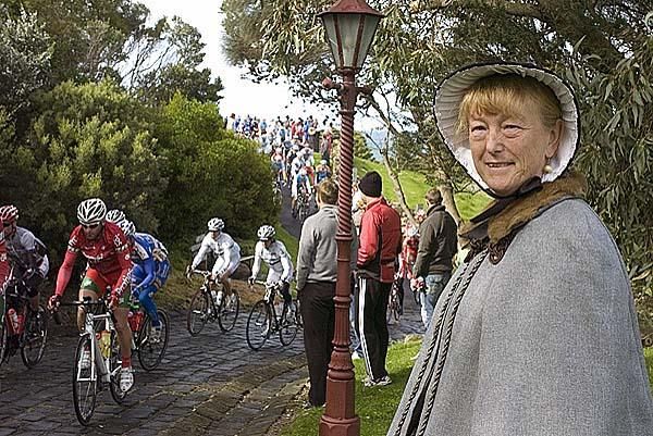 Period costume greeted the riders on the cobblestones at Warrnambool as they left the startline for stage three to Apollo Bay.
