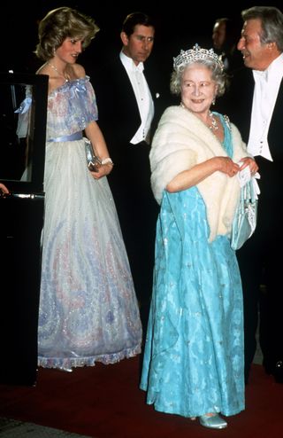 Princess Diana and Princess Margaret on an evening out in England.