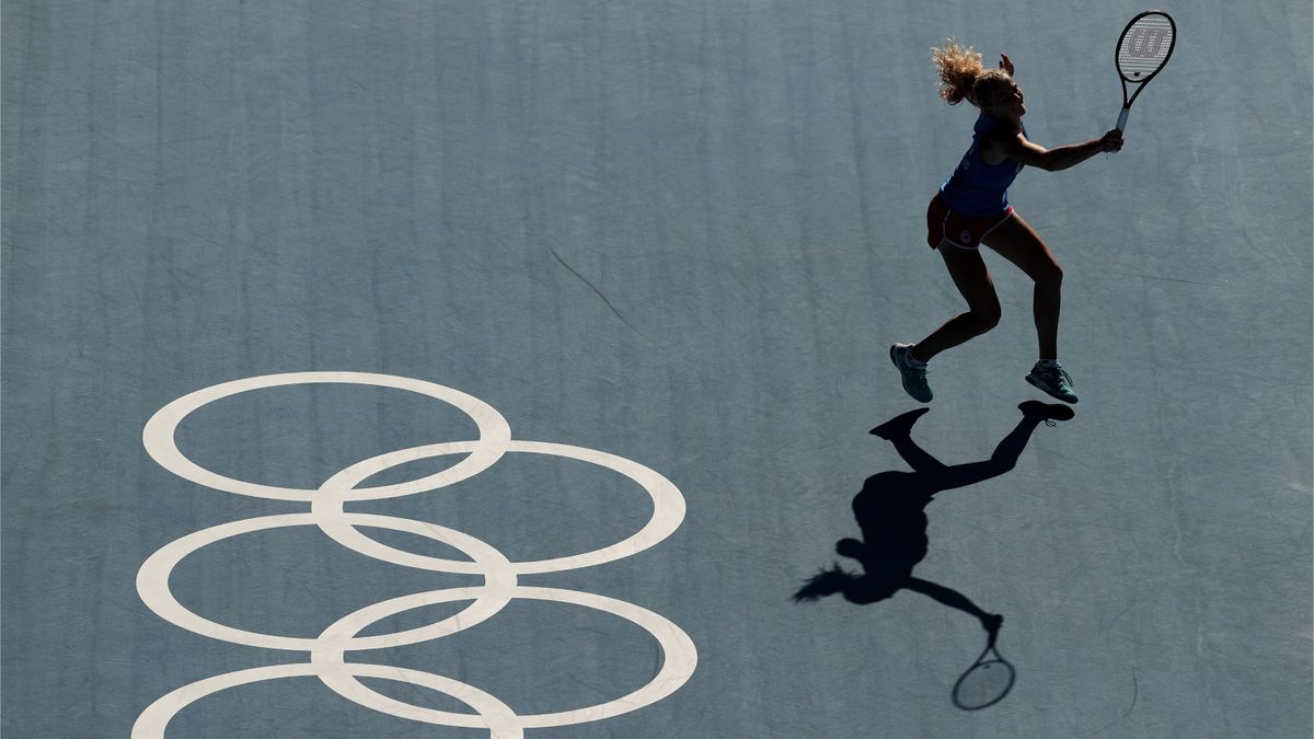 Czech Republic player Katerina Siniakova in the Olympic tennis women&#039;s doubles finals in 2021.