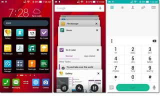 Home screen folder with preinstalled Asus apps (left), app switcher (center), phone dialer (right)