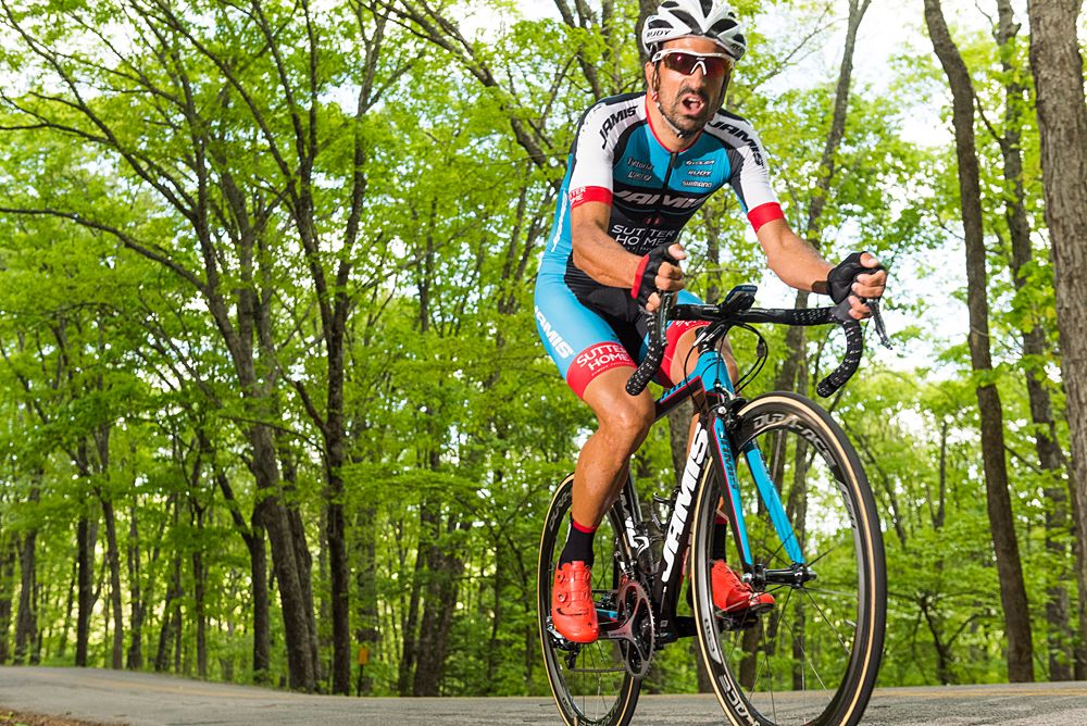 A Team Jamis (USA) rider makes his way up the switchback section of the course.