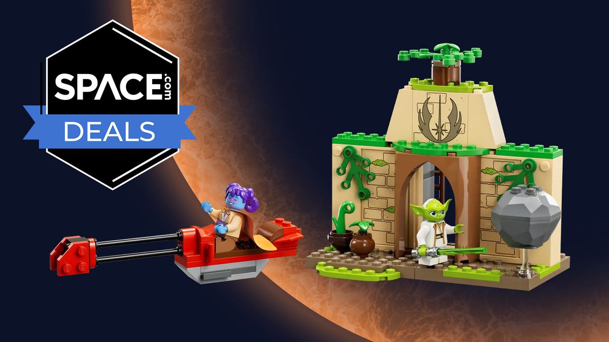 Lego Star Wars Tenoo Jedi Temple on an orange planet background with a &#039;Space deals&#039; badge