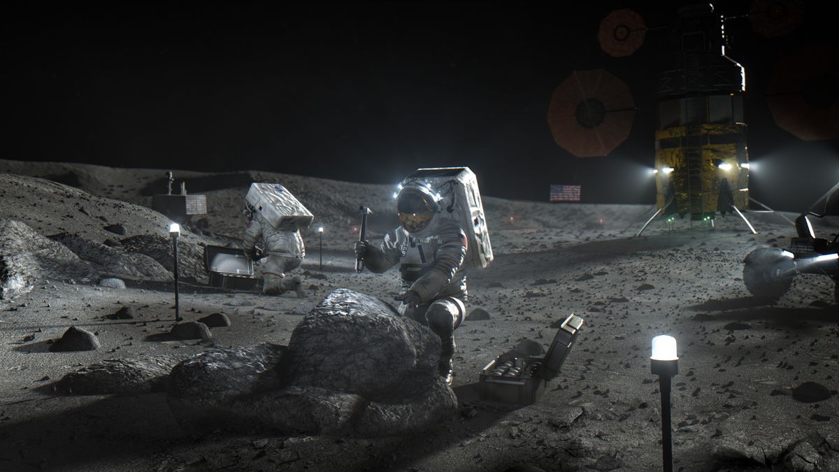 An artist&#039;s depiction of astronauts walking on the moon as part of NASA&#039;s Artemis program. U.S. Senate appropriators have directed NASA to choose a second company to build its lunar lander for Artemis.