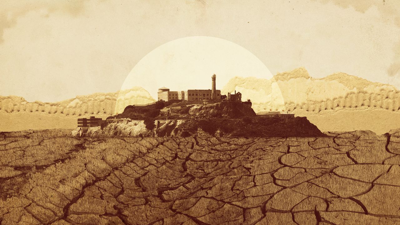 Photo collage of the Alcatraz prison island, sitting in a dried out basin with a scorched landscape around.