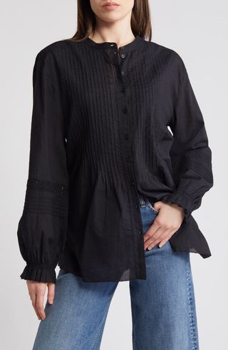 Pintuck Cotton Poplin Button-Up Shirt