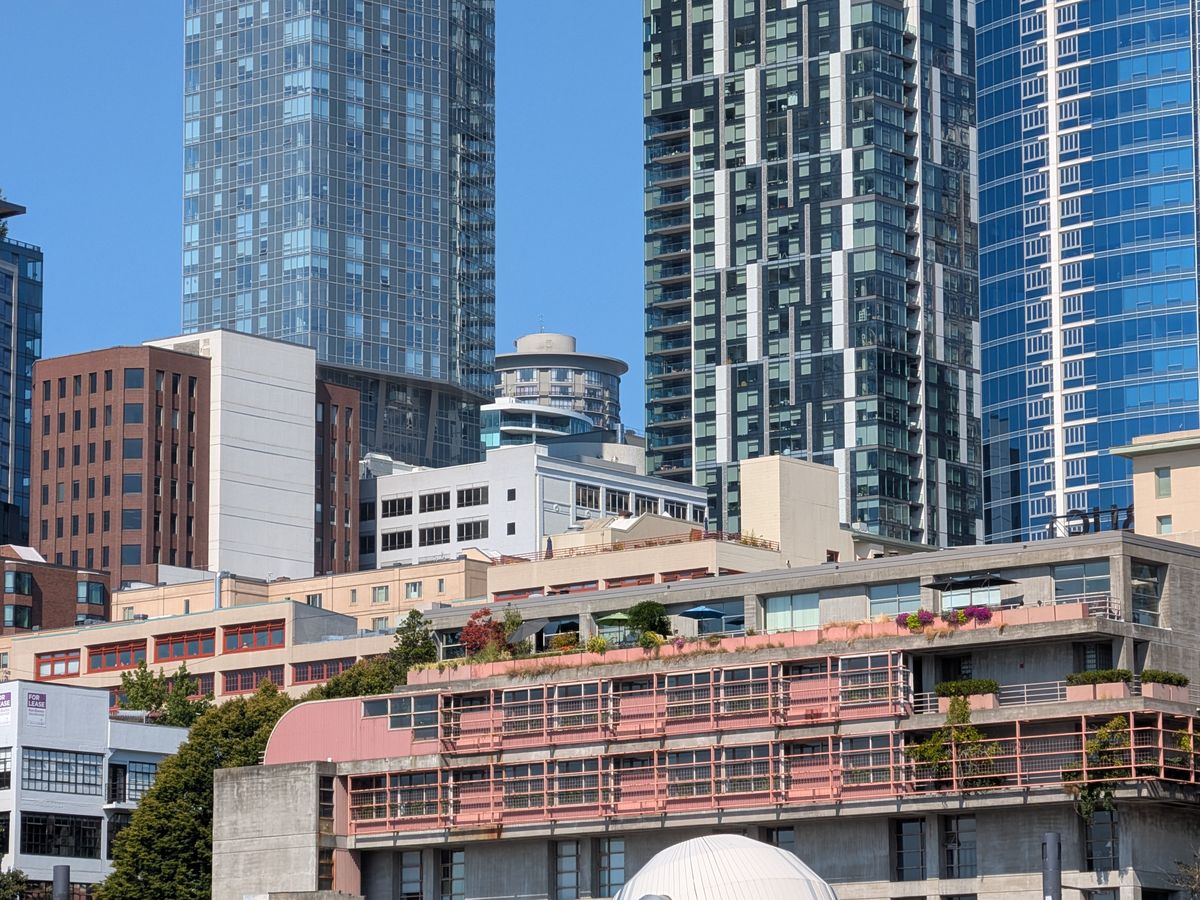 A close-up of buildings in a city