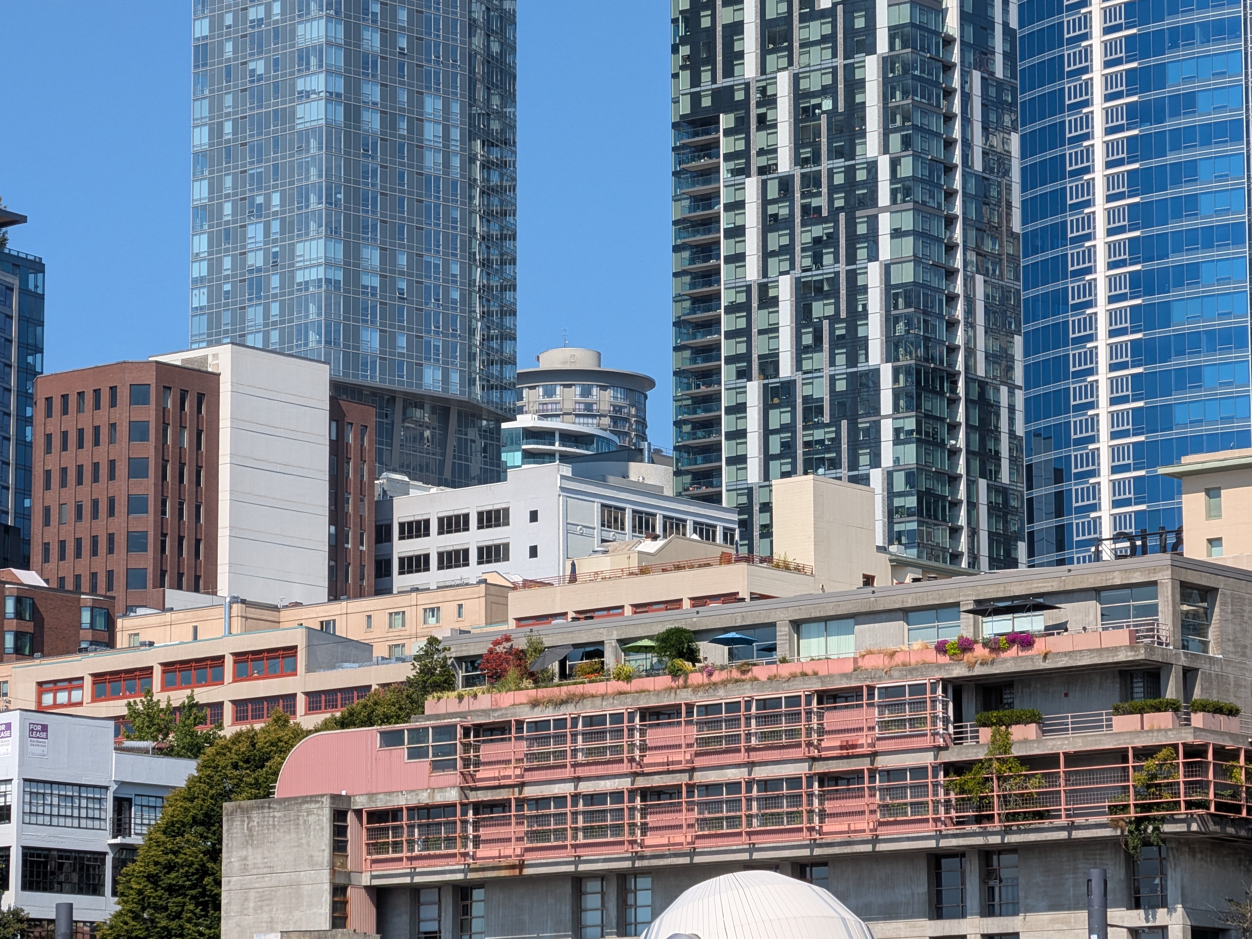 A close-up of buildings in a city