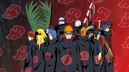 Naruto Akatsuki members: a group of Naruto characters standing together in front of a black and red background
