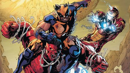 Spider-Man, Wolverine, and Iron Man trying to tame the rampaging Red Hulk on the exclusive Magic: The Gathering card 'Warstorm Surge.'