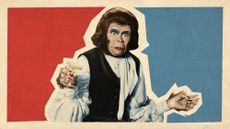 Photo collage of a female ape character from the film 'Escape from the Planet of the Apes' in a fancy blouse, drinking champagne and gesticulating