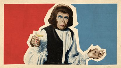 Photo collage of a female ape character from the film 'Escape from the Planet of the Apes' in a fancy blouse, drinking champagne and gesticulating