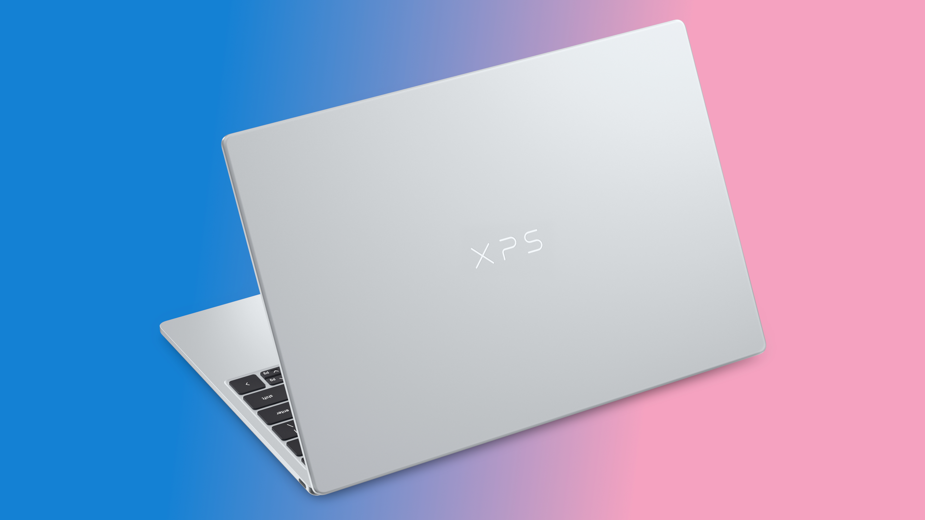 Silver laptop with "XPS" on the back, against a blue-to-pink gradient background.