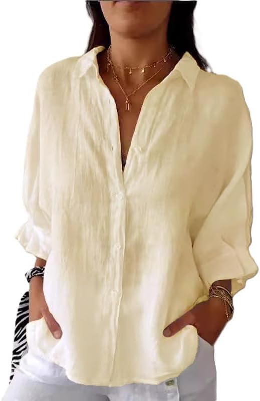Zhyaj, Button Down Shirt for Women 3/4 Sleeve Bow Tie Shirt Fashion Casual Cotton Linen Plus Size Valentines Day Shirt Apricot