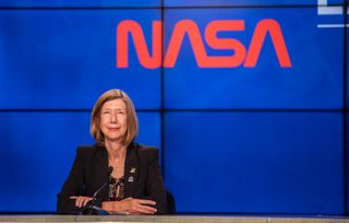 Kathy Lueders, who was the manager of NASA’s Commercial Crew Program during the launch of SpaceX's Crew Dragon Demo-2 mission, participates in a post-launch news conference at Kennedy Space Center in Florida, on May 30, 2020, following the successful launch of NASA astronauts Bob Behnken and Doug Hurley to the International Space Station. Two weeks later, she was promoted to the head of NASA's Human Exploration and Operations mission directorate.