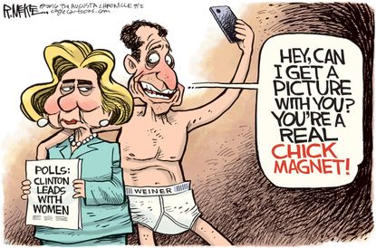 Political cartoon U.S. 2016 election Hillary Clinton photo with Anthony Weiner