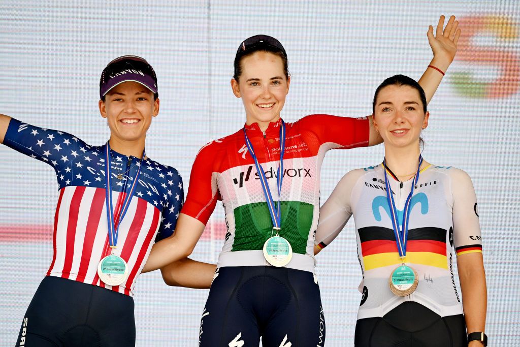 SASSARI ITALY JULY 08 LR Chloe Dygert of The United States and Team CanyonSRAM Racing on second place stage winner Blanka Vas of Hungary and Team SD Worx and Liane Lippert of Germany and Movistar Team on third place pose on the podium ceremony after the 34th Giro dItalia Donne 2023 Stage 8 a 1257km stage from Nuoro to Sassari UCIWWT on July 08 2023 in Sassari Italy Photo by Dario BelingheriGetty Images