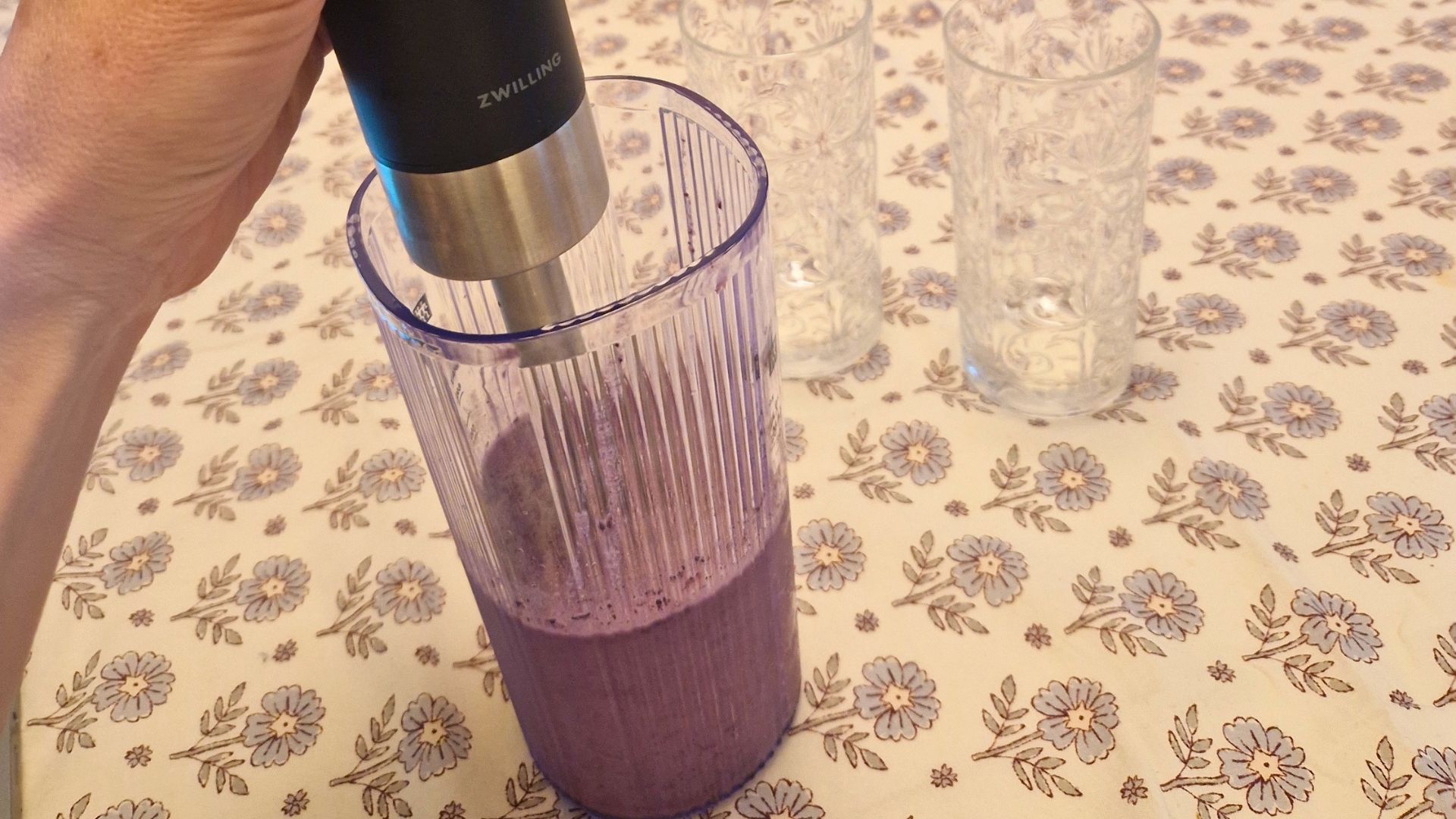 The Zwilling Cordless Hand Blender pictured in use to make a smoothie during testing in Sarah Williamson's home kitchen