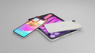 3D render of the iPhone SE 4 and iPad mini 7 based on information gathered from rumors and leaks. Two iPhone SE 4 smartphones sit on top of an iPad mini 7, one is facing up to show its display, the other is facing down to show its back and camera array.