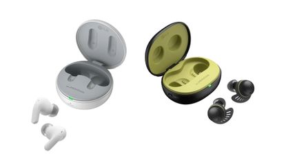 LG T90 true wireless earbuds in white and black colourways on white background