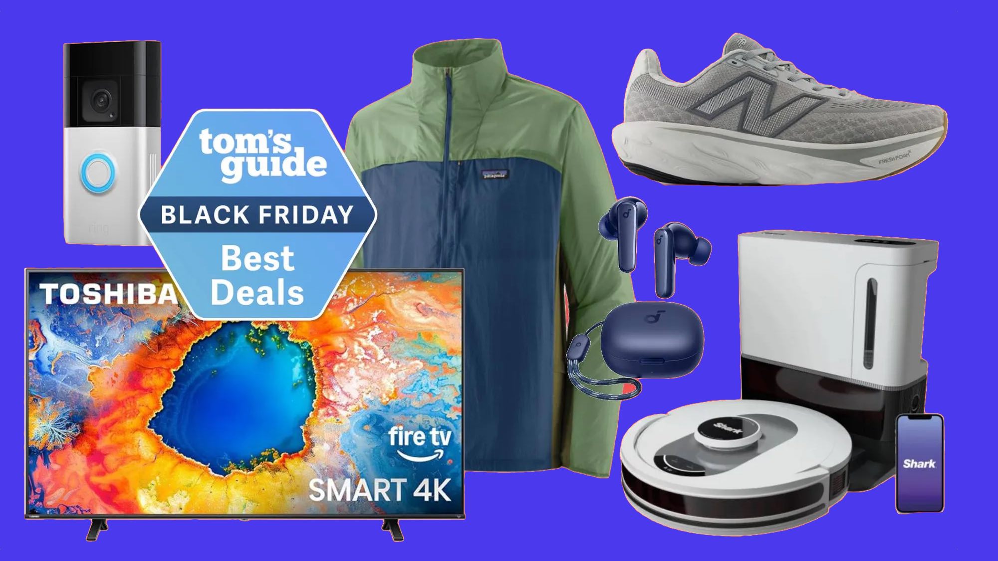 Early Black Friday deals showing Ring video doorbell, a Toshiba Fire TV, Patagonia jacket, New Balance sneakers, Beats earbuds and a Shark robot vacuum 