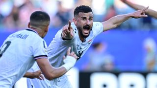 Aymen Hussein of Iraq celebrates after scoring a goal during the 2026 FIFA World Cup Group I match against Norway at Gillette Stadium (Boston Stadium) in Foxborough, Massachusetts on June 16, 2026.