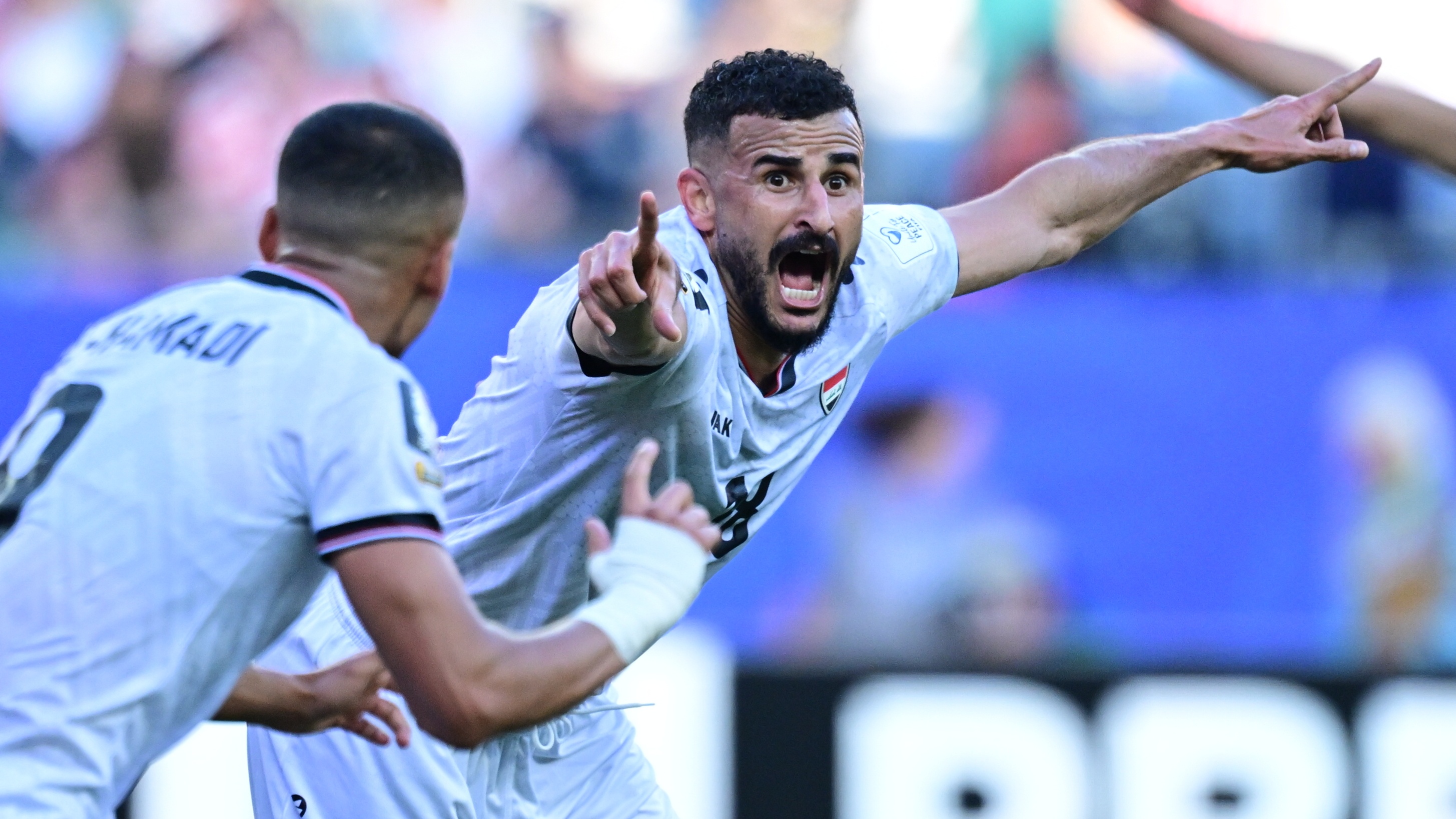 Aymen Hussein of Iraq celebrates after scoring a goal during the 2026 FIFA World Cup Group I match against Norway at Gillette Stadium (Boston Stadium) in Foxborough, Massachusetts on June 16, 2026.