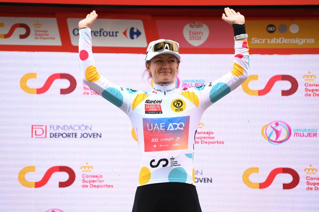 TERUEL SPAIN APRIL 30 Karlijn Swinkels of The Netherlands and UAE Team ADQ Polka Dot Mountain Jersey celebrates at podium during the 10th La Vuelta Femenina 2024 Stage 3 a 1303km stage from Lucena del Cid to Teruel UCIWWT on April 30 2024 in Teruel Spain Photo by Alex BroadwayGetty Images