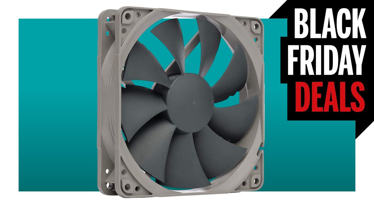 An image of a Noctua NF-P12s redux PC fan against a teal background with a white border, and a Black Friday Deals logo