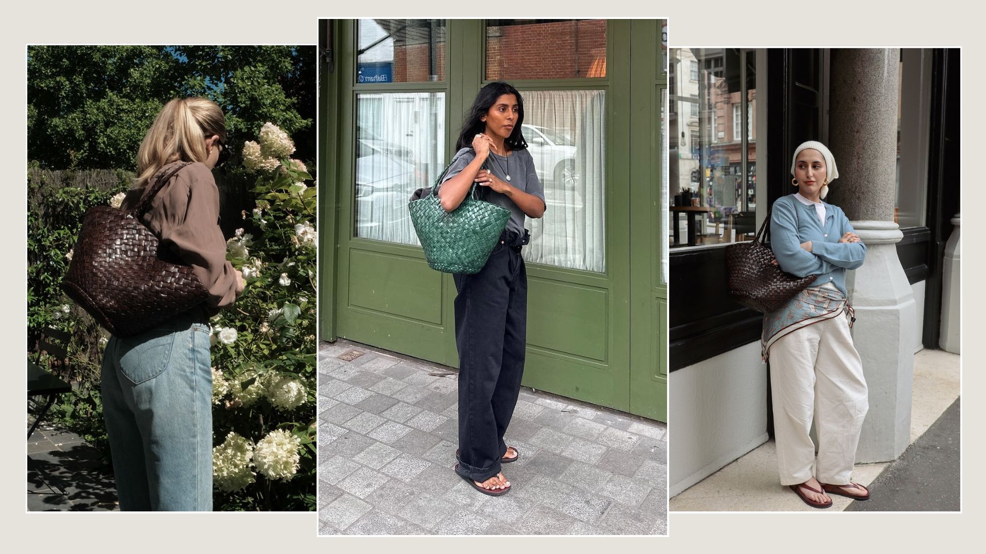 Three women carry the Dragon Diffusion Egola woven leather bag