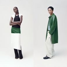 Two models wearing black, white and green outfits sold at Farfetch