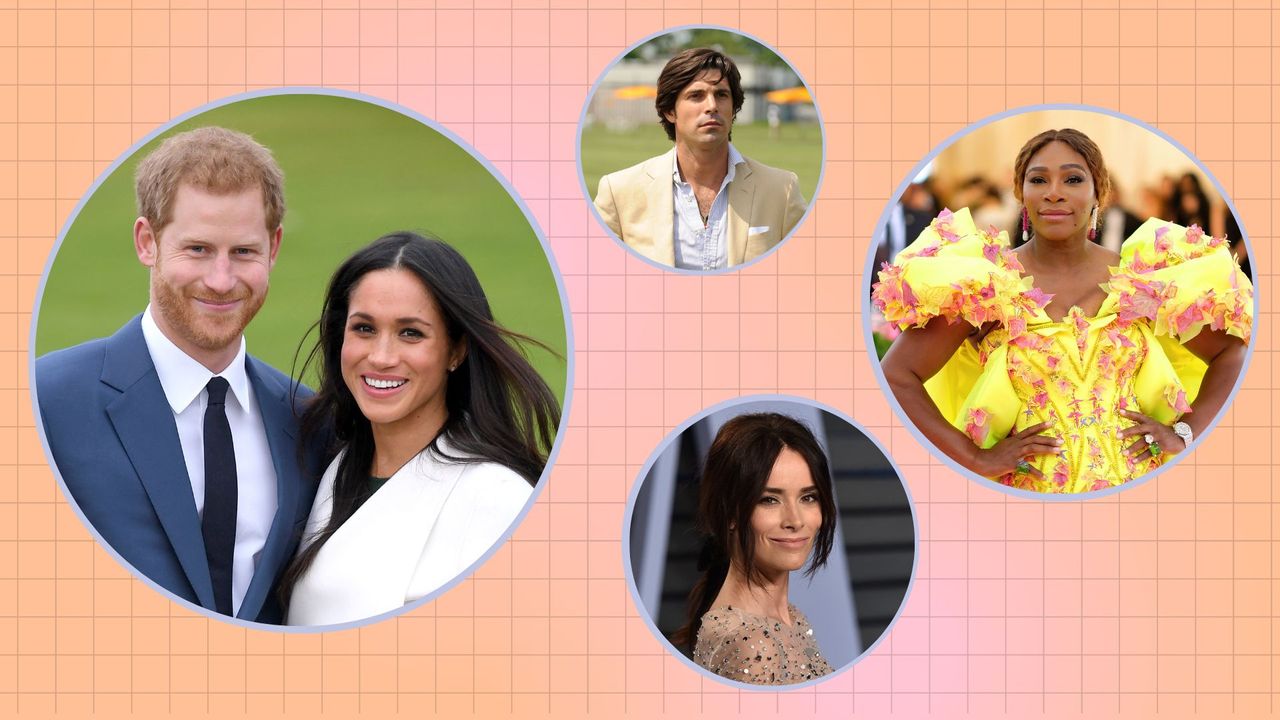 Harry and Meghan&#039;s friends: Images of Harry and Meghan alongside Nacho Figueras, Abigail Spencer and Serena Williams in a pink, orange and blue template