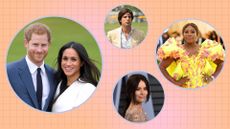 Harry and Meghan's friends: Images of Harry and Meghan alongside Nacho Figueras, Abigail Spencer and Serena Williams in a pink, orange and blue template