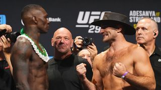 Opponents Israel Adesanya of Nigeria and Sean Strickland face off during the UFC 293 ceremonial weigh-in at Qudos Bank Arena on September 08, 2023 in Sydney, Australia. 