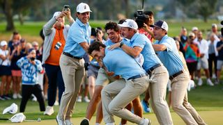 Auburn Tigers celebrates with his teammates after defeating the Florida State Seminoles in the championship match during the Division I Men's Golf Championship